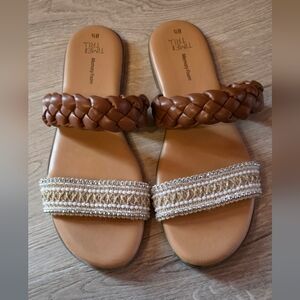 Time and Tru Tan Braided and Beaded Slide Sandals